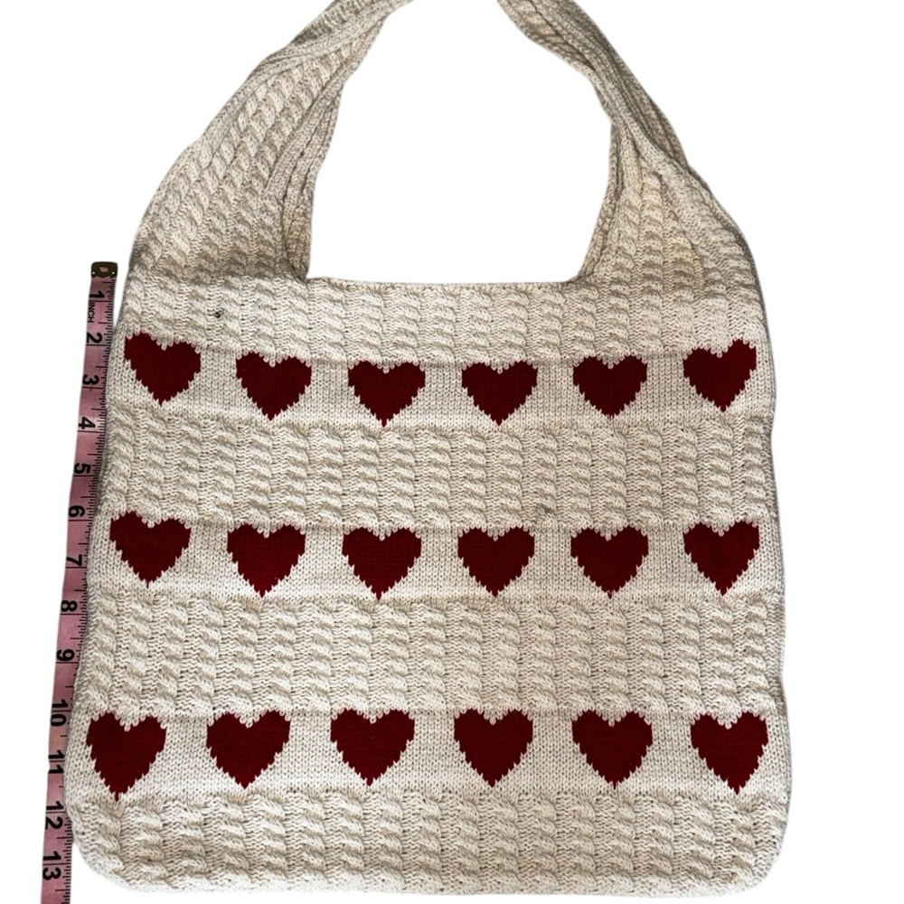 Heart Patterned Cream and Red Knit Tote Bag